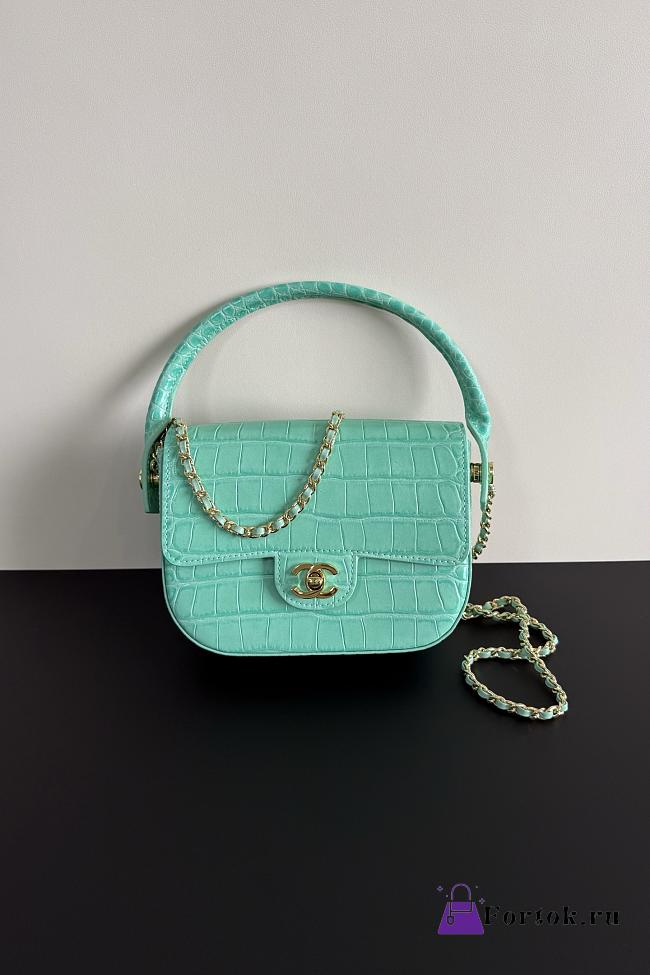 Fortok Chanel Crocodile Embossed Calfskin Top Handle Bag Tiffany Blue 20-15-5.5cm  - 1