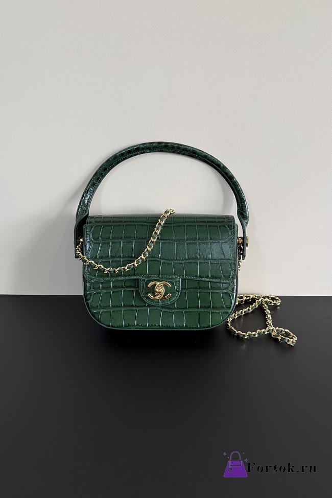 Fortok Chanel Crocodile Embossed Calfskin Top Handle Bag Green 20-15-5.5cm  - 1