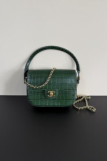 Fortok Chanel Crocodile Embossed Calfskin Top Handle Bag Green 20-15-5.5cm 