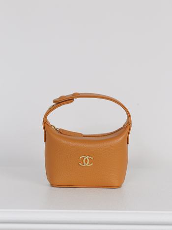 Fortok Chanel Micro Top Handle Round Hobo Pouch Brown Grained Calfskin 11*11*4cm