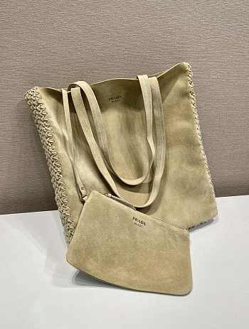 Fortok Prada Large Suede and Crochet Tote Bag Beige 35x38x5cm