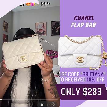 Fortok Chanel Mini Flap Bag With Gold Ball Charm White 18×13×7cm