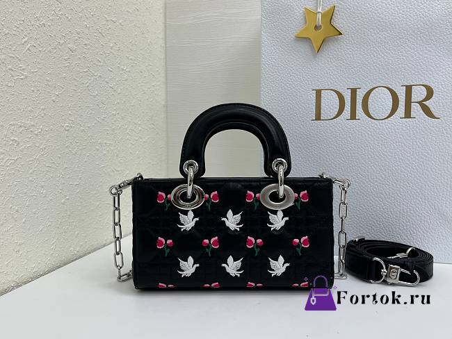 Fortok Dioramour Lady D-Joy Mini Bag Black Cannage Lambskin Embroidered with Multicolor Doves & Roses Motif 19x10x5.5cm - 1