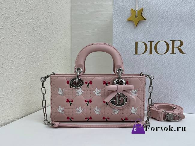 Fortok Dioramour Lady D-Joy Bag Pink Cannage Lambskin Embroidered with Multicolor Doves & Roses Motif 22x12x6cm - 1