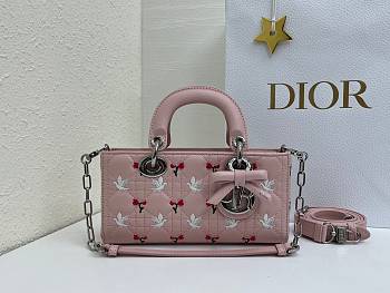 Fortok Dioramour Lady D-Joy Bag Pink Cannage Lambskin Embroidered with Multicolor Doves & Roses Motif 22x12x6cm