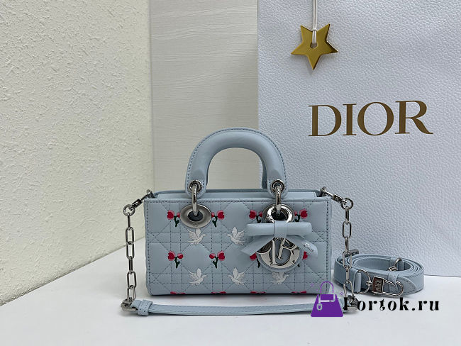 Fortok Dioramour Lady D-Joy Mini Bag Blue Cannage Lambskin Embroidered with Multicolor Doves & Roses Motif 19x10x5.5cm  - 1