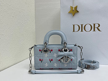 Fortok Dioramour Lady D-Joy Mini Bag Blue Cannage Lambskin Embroidered with Multicolor Doves & Roses Motif 19x10x5.5cm 
