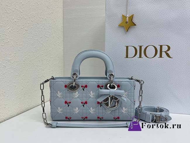 Fortok Dioramour Lady D-Joy Bag Blue Cannage Lambskin Embroidered with Multicolor Doves & Roses Motif 22x12x6cm - 1
