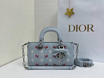 Fortok Dioramour Lady D-Joy Bag Blue Cannage Lambskin Embroidered with Multicolor Doves & Roses Motif 22x12x6cm
