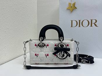 Fortok Dioramour Lady D-Joy Mini Bag White/Black Cannage Lambskin Embroidered with Multicolor Doves & Roses Motif 19x10x5.5cm