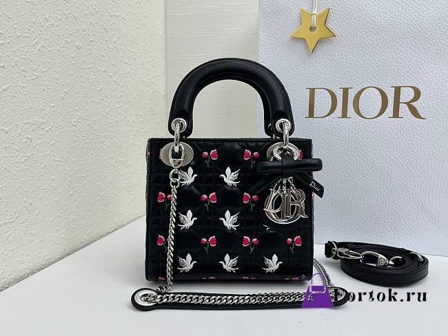Fortok Dior Mini Lady Dior Bag Black Cannage Lambskin Embroidered with Multicolor Doves & Roses Motif 18 x 15 x 7 cm - 1