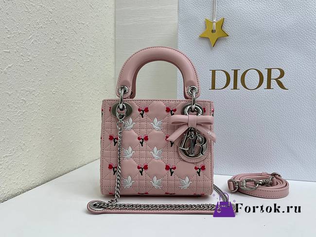 Fortok Dior Mini Lady Dior Bag Pink Cannage Lambskin Embroidered with Multicolor Doves & Roses Motif 18 x 15 x 7 cm - 1