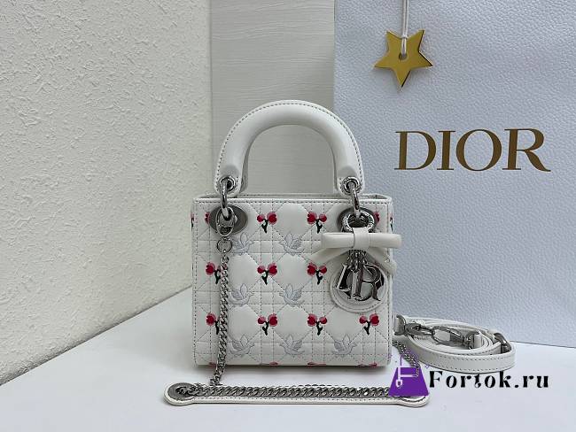 Fortok Dior Mini Lady Dior Bag White Cannage Lambskin Embroidered with Multicolor Doves & Roses Motif 18 x 15 x 7 cm - 1