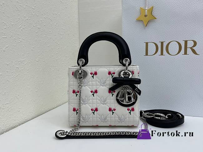 Fortok Dior Mini Lady Dior Bag White/Black Cannage Lambskin Embroidered with Multicolor Doves & Roses Motif 18 x 15 x 7 cm - 1
