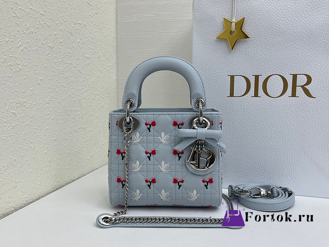 Fortok Dior Mini Lady Dior Bag Blue Cannage Lambskin Embroidered with Multicolor Doves & Roses Motif 18 x 15 x 7 cm - 1