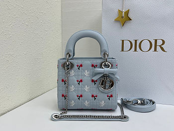 Fortok Dior Mini Lady Dior Bag Blue Cannage Lambskin Embroidered with Multicolor Doves & Roses Motif 18 x 15 x 7 cm