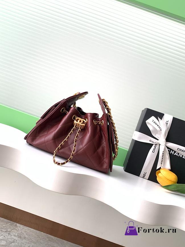 Fortok Chanel 25 Mini Hobo Bag Burgundy 20x22x12.5cm - 1