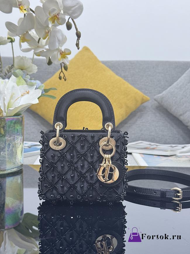 Fortok Dior Mini Lady Dior Bag Black Bead Embroidery 12 x 10.2 x 5cm - 1