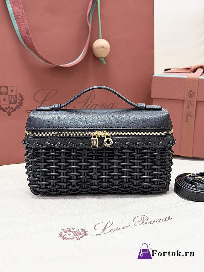 Fortok Loro Piana Extra Pocket L19 East-West Wicker Rattan Black 19 x 12 x 7 cm - 1