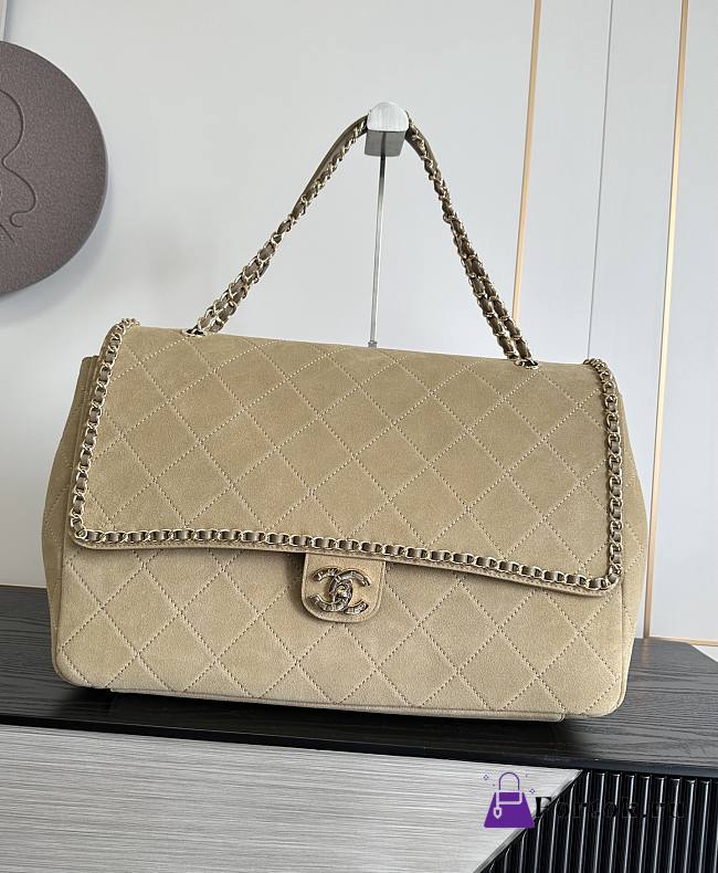 Fortok Chanel Maxi XXL Flap Bag Dark Beige Suede Salfskin 46×15×34cm  - 1