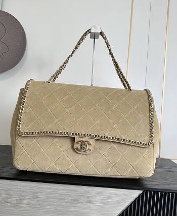 Fortok Chanel Maxi XXL Flap Bag Dark Beige Suede Salfskin 46×15×34cm 