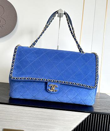 Fortok Chanel Maxi XXL Flap Bag Dark Blue Suede Salfskin 46×15×34cm 