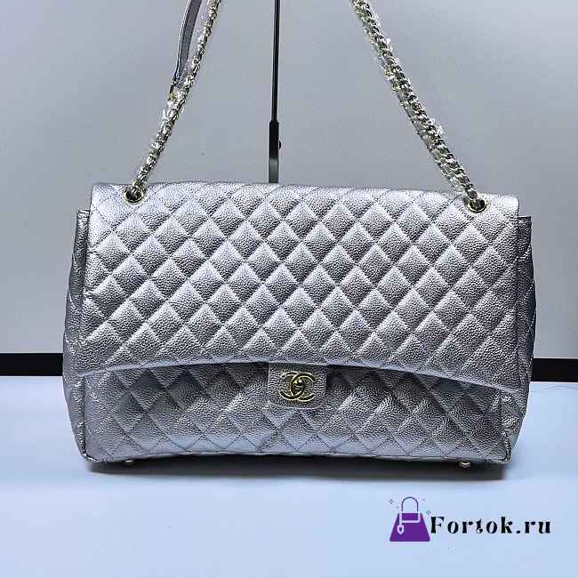 Fortok Chanel XXL Flap Airport Bag Metallic Silver 46x27x13cm - 1