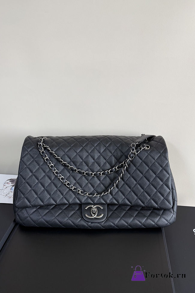 Fortok Chanel XXL Flap Airport Bag Black Silver Hardware 46x27x13cm - 1