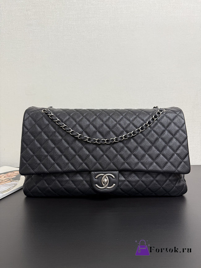 Fortok Chanel XXL Flap Airport Bag Black Silver Hardware 44*27cm - 1