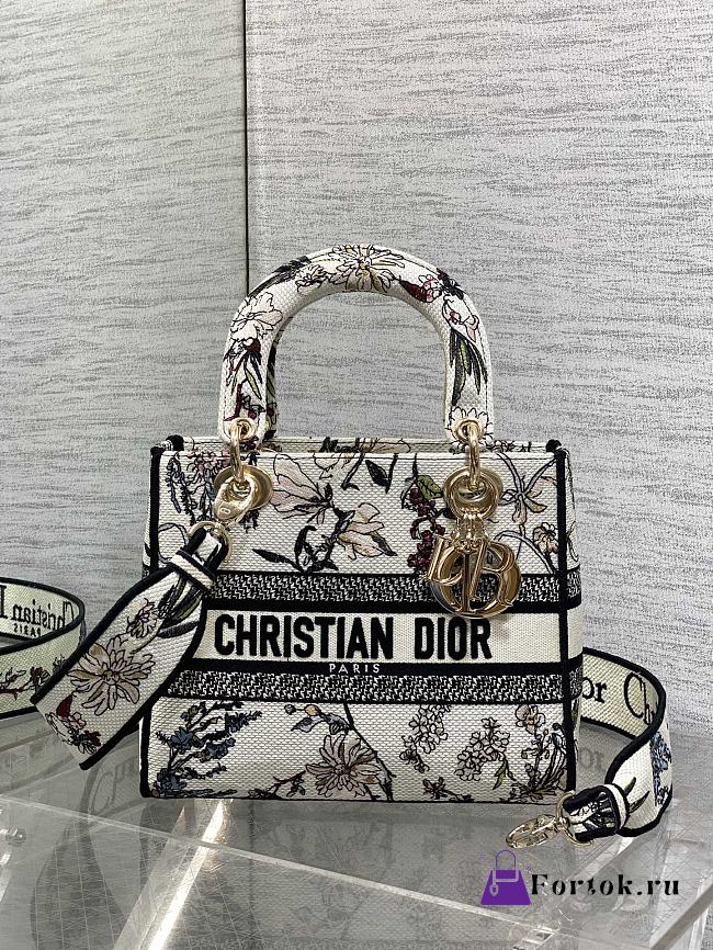 Fortok Dior Medium Lady D-Lite Bag Black and White Florilegio Embroidery 24*11*20cm - 1