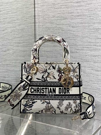 Fortok Dior Medium Lady D-Lite Bag Black and White Florilegio Embroidery 24*11*20cm