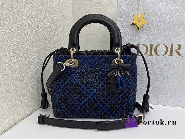 Fortok Dior Medium Lady Dior Bag Two-Tone Blue Black Woven Calfskin 24x21x12cm - 1