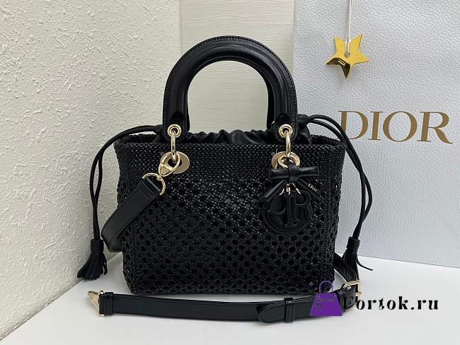 Fortok Dior Medium Lady Dior Bag Black Woven Calfskin 24x21x12cm - 1