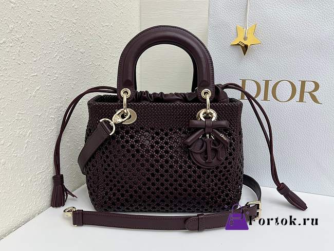 Fortok Dior Medium Lady Dior Bag Burgundy Woven Calfskin 24x21x12cm - 1