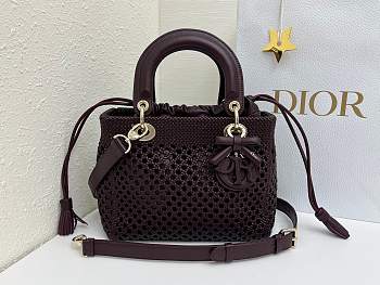 Fortok Dior Medium Lady Dior Bag Burgundy Woven Calfskin 24x21x12cm