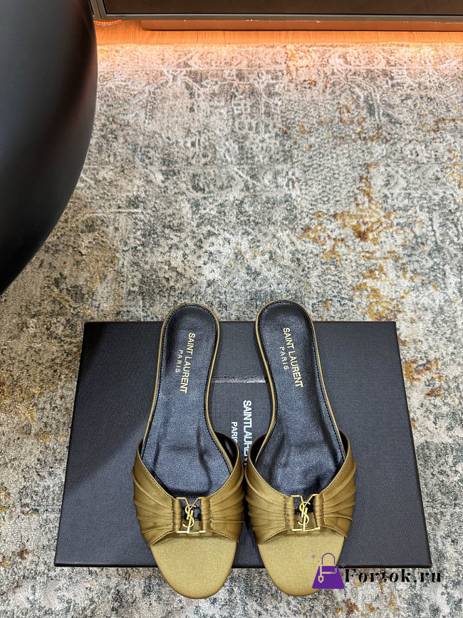 Fortok Saint Laurent Babylone Mules Satin Green Flats - 1