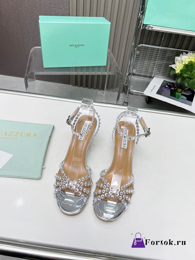 Fortok Aquazzura Tequila Slide Sandals Metallic Silver 7cm - 1