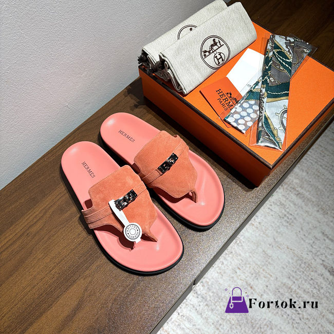 Fortok Hermès Empire Sandals Suede Coral Pink  - 1