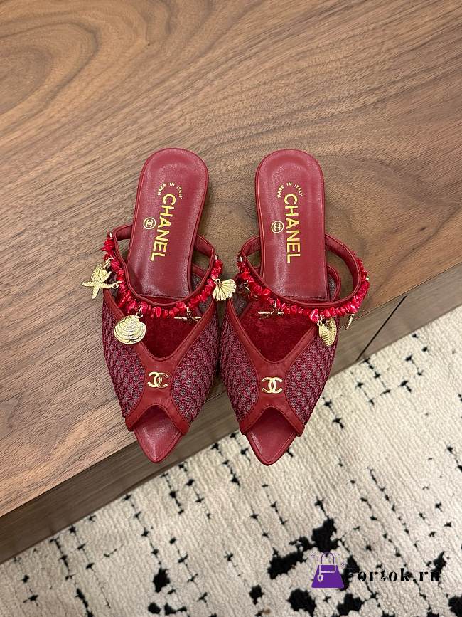 Fortok Chanel Coco Beach 2026 Collection Mules Burgundy Flats - 1