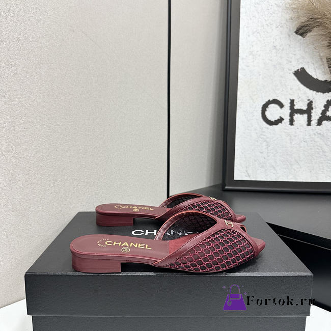 Fortok Chanel Coco Beach 2026 Collection Burgundy Mules Flats - 1