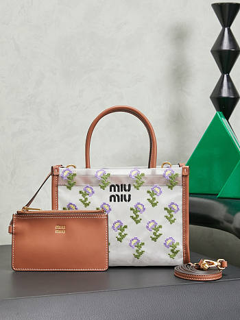Fortok Miu Miu Embroidered Mesh Tote Bag Brown 19.5 X 14 X 9 cm