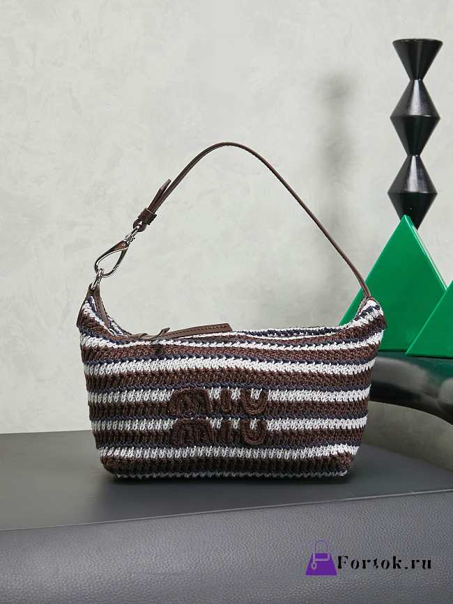 Fortok Miu Miu Crochet Striped Shoulder Bag Dark Brown 19x14x10cm - 1