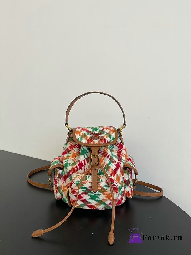 Fortok Miu Miu Tartan Wool And Leather Backpack 22*18*11.5cm - 1