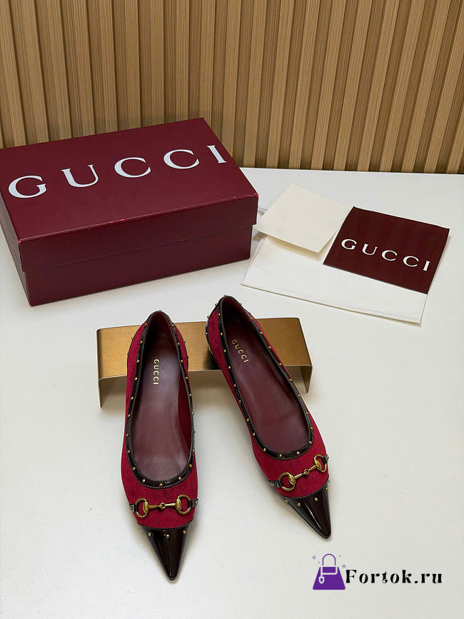 Fortok Gucci Horsebit Ballet Flats Pointed Toe Velvet Red - 1