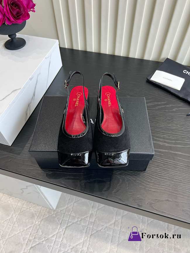 Fortok Chanel Slingback Pumps Black Suede Glossy Black Patent Leather Toe Cap - 1