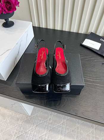 Fortok Chanel Slingback Pumps Black Suede Glossy Black Patent Leather Toe Cap