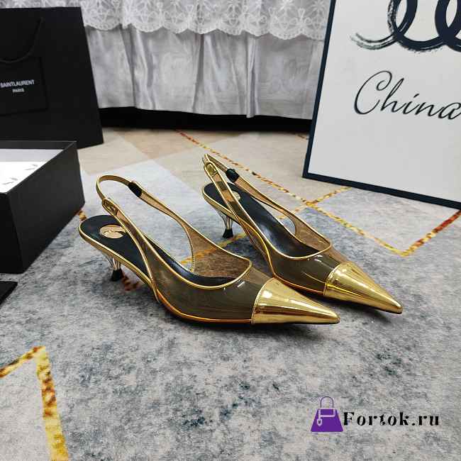 Fortok Saint Laurent YSL Transparent PVC Slingback Pumps Gold 6.5cm - 1