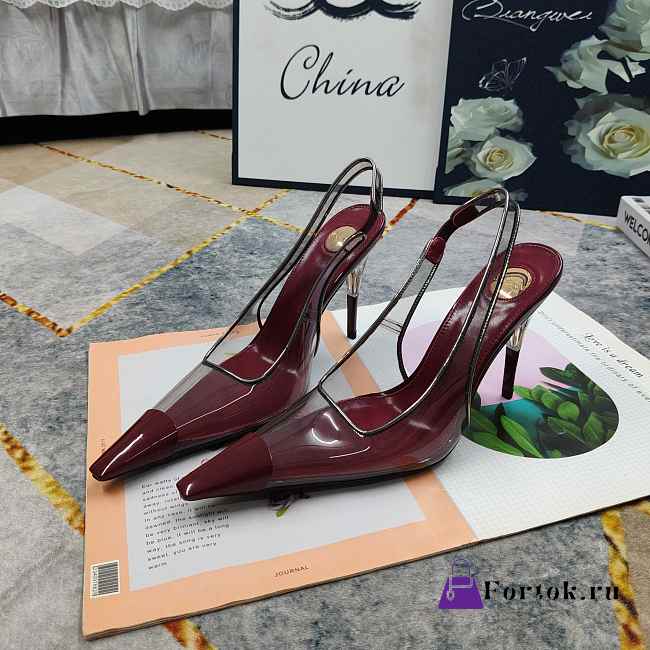 Fortok Saint Laurent YSL Transparent PVC Slingback Pumps Burgundy 10.5cm - 1