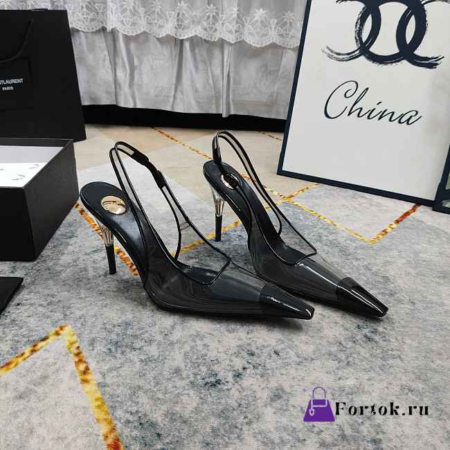 Fortok Saint Laurent YSL Transparent PVC Slingback Pumps Black 10.5cm - 1