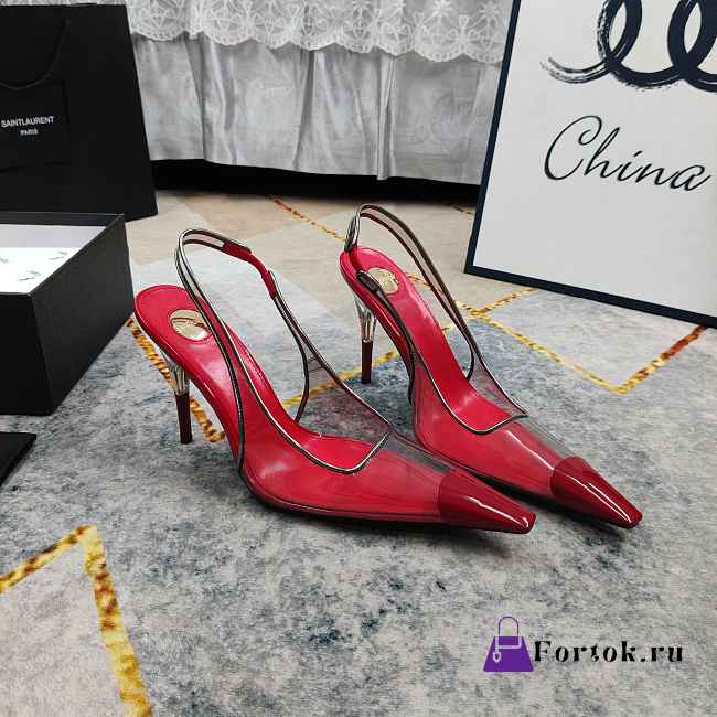 Fortok Saint Laurent YSL Transparent PVC Slingback Pumps Red 10.5cm - 1
